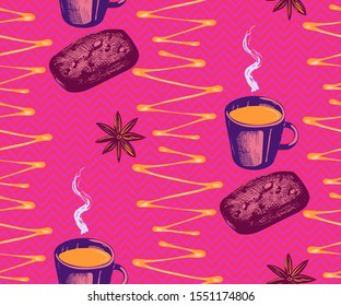 Seamless pattern with a cup of coffee, caramel. Hand drawing decorative background. Vector pattern. Print for textile, cloth, wallpaper, scrapbooking
