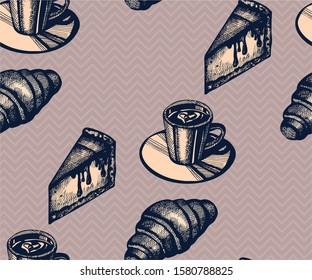 Seamless pattern with a cup of coffee, cheesecake. Hand drawing decorative background. Vector pattern. Print for textile, cloth, wallpaper, scrapbooking