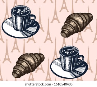 Seamless pattern with a cup of coffee, cheesecake. Hand drawing decorative background. Vector pattern. Print for textile, cloth, wallpaper, scrapbooking
