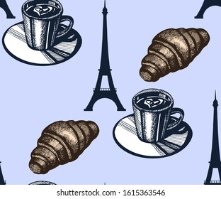 Seamless pattern with a cup of coffee, cheesecake. Hand drawing decorative background. Vector pattern. Print for textile, cloth, wallpaper, scrapbooking