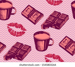 Seamless pattern with a cup of coffee, chocolate and cookies. Hand drawing decorative background. Vector pattern. Print for textile, cloth, wallpaper, scrapbooking