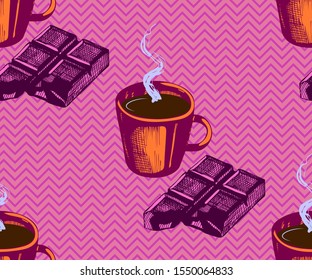 Seamless pattern with a cup of coffee, chocolate. Hand drawing decorative background. Vector pattern. Print for textile, cloth, wallpaper, scrapbooking