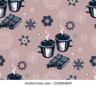 Seamless pattern with a cup of coffee, chocolate and snowflakes. Hand drawing decorative background. Vector pattern. Print for textile, cloth, wallpaper, scrapbooking