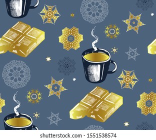 Seamless pattern with a cup of coffee, chocolate and snowflakes. Hand drawing decorative background. Vector pattern. Print for textile, cloth, wallpaper, scrapbooking