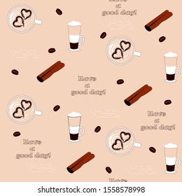 Seamless pattern with a cup of coffee and cinnamon. 