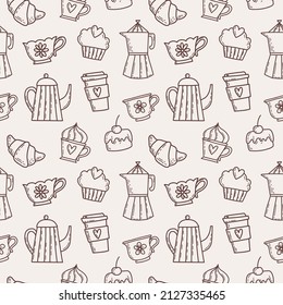 Seamless pattern with with a cup of coffee, croissant, geyser coffee maker, cake, kettle. Baking doodle background. Hand-drawn in a graphic style.  Vector illustration in sketch style. 