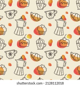 Seamless pattern with with a cup of coffee, croissant, geyser coffee maker, cake and watercolor spots. Baking doodle background. Hand-drawn in a graphic style.  Vector illustration in sketch style. 
