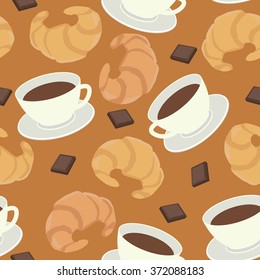Seamless Pattern with cup of coffee and croissant