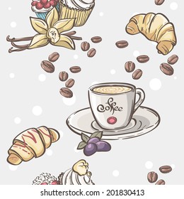 Seamless pattern with cup of coffee, croissants and fruit