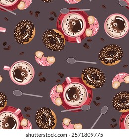 Seamless pattern with a cup of coffee and a donut. Repeating texture with a coffee drink and dessert. Coffee time. Suitable for textiles, wallpaper, paper, etc.