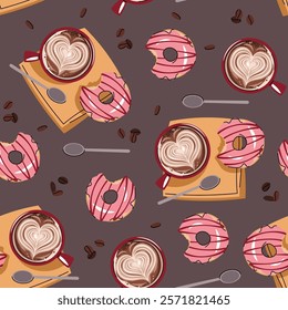 Seamless pattern with a cup of coffee and a donut. Repeating texture with a coffee drink and dessert. Coffee time. Suitable for textiles, wallpaper, paper, etc.