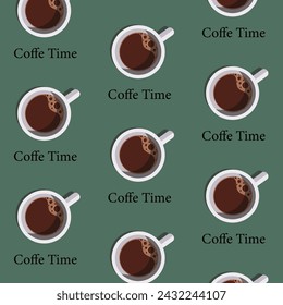 seamless pattern a cup of coffee with an inscription, coffee time pattern, a cup of coffee on a green background