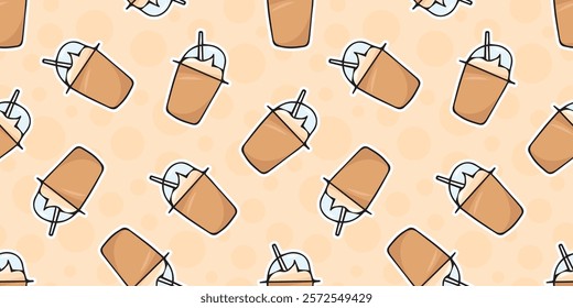 Seamless pattern with a cup of coffee. An invigorating aromatic drink. Wallpaper for a coffee shop. Doodle Pattern Style. seamless. hot chocolate. The inscription coffee. cappuccino. American. espress