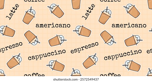 Seamless pattern with a cup of coffee. An invigorating aromatic drink. Wallpaper for a coffee shop. Doodle Pattern Style. seamless. hot chocolate. The inscription coffee. cappuccino. American. espress