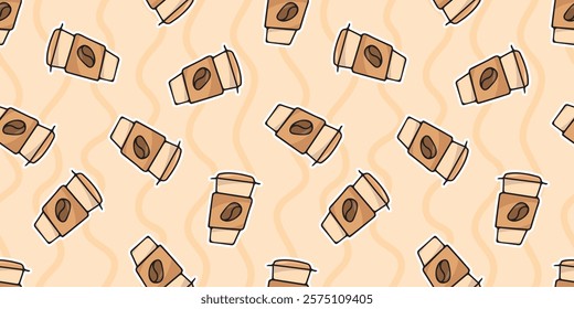 Seamless pattern with a cup of coffee. An invigorating aromatic drink. Wallpaper for a coffee shop. Doodle Pattern Style. seamless. hot chocolate. The inscription coffee. cappuccino. American. espress