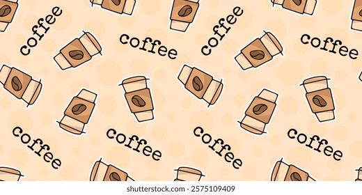 Seamless pattern with a cup of coffee. An invigorating aromatic drink. Wallpaper for a coffee shop. Doodle Pattern Style. seamless. hot chocolate. The inscription coffee. cappuccino. American. espress