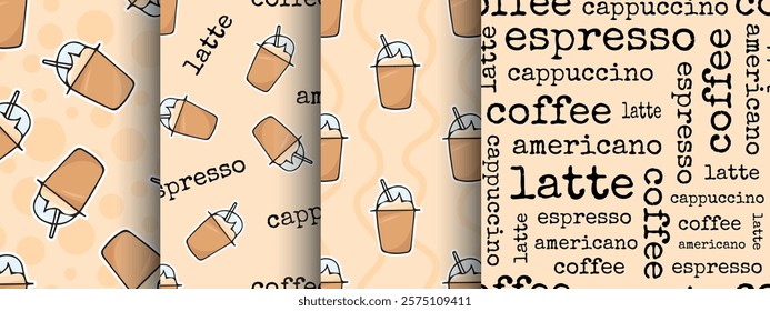 Seamless pattern with a cup of coffee. An invigorating aromatic drink. Wallpaper for a coffee shop. Doodle Pattern Style. seamless. hot chocolate. The inscription coffee. cappuccino. American. espress