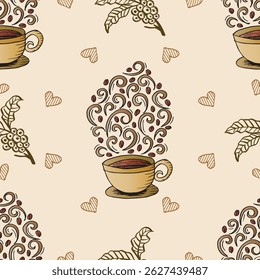 Patrón sin fisuras con taza de café y hojas. Ilustración vectorial