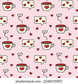 Seamless pattern with a cup of coffee, a love SMS message, hearts. Seamless vector pattern in doodle style. Template for fabric, textiles, wrapping paper, wallpaper and other decorations.