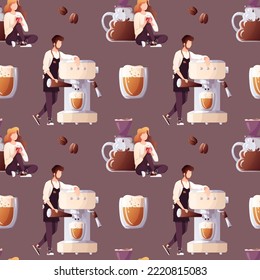 Seamless pattern with cup of coffee, coffee machine and barista. Coffee shop, cafe-bar, drink concept. Vector illustration. Perfect for product design, wallpaper, wrapping paper.