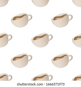 Seamless pattern with cup of coffee and milk splash in paper art style. 3d mug with shadows. Pattern for fabric, menu, card, banner, poster, flyer. Vector stock illustration.