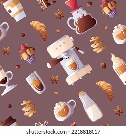 Seamless pattern with cup of coffee, milk, croissant, cupcake, coffee machine. Coffee shop, cafe-bar, drink concept. Vector illustration. Perfect for product design, wallpaper, wrapping paper.
