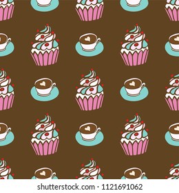 Seamless pattern with a cup of coffee and muffin. Coffee to go. Hand-drawn vector elements
