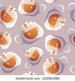 Nahtloses Muster mit Tasse Kaffee. Café, Café-Bar, Getränk, Getränkekonzept. Vektorgrafik. Perfekt für Produktdesign, Bildschirmhintergrund, Verpackungspapier.