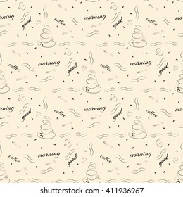 Seamless pattern with cup of coffee, spoon, hearts and good morning wishes - vector illustration