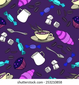 Seamless pattern with cup of coffee, sugar, milk, croissant and sweets 