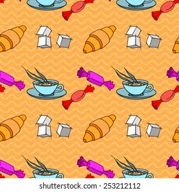 Seamless pattern with cup of coffee, sugar, croissant and sweets 