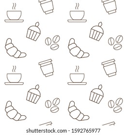 Seamless pattern with cup of coffee, tea, cake, croissant, bean. Contour vector illustration. For menu cafe, web, design, icon elements. On white background. Vector version.