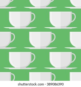 Seamless pattern with cup of coffee or tea on green background. Vector texture.