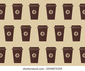 Seamless pattern with a cup of coffee. Vector background Coffee to go with coffee beans logo. Print with coffee cup. Vector illustration of flat design. Suitable for printing, corporate identity desig