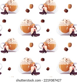 Seamless pattern with cup of coffee and woman. Coffee shop, cafe-bar, drink, beverage concept. Vector illustration. Perfect for product design, wallpaper, wrapping paper.