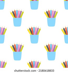 seamless pattern with cup of colored pencils, vector illustration of stationery in flat style