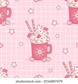 Seamless pattern with cup with cream dessert with Marshmallows hearts and striped candies on checkered pink background with stars. Vector illustration. Romantic sweet backdrop valentine