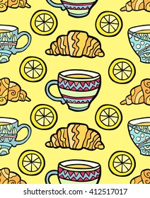 Seamless pattern with cup, croissant and lemon on yellow background. Vector illustration