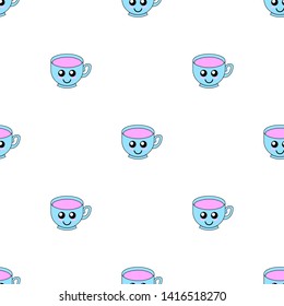 Seamless pattern with cup emoticons on white background. Kawaii doodle cups character with cute anime expressions. Vector illustration for design, web, wrapping paper, fabric, wallpaper.