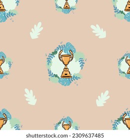 Seamless pattern with a cup. First prize. Symbol of competition, leadership. Cute style, pastel colors. School and education concept. Hand drawn vector illustration. For print, fabric, paper design