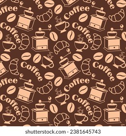 Seamless pattern with a cup of fresh coffee, coffee beans, croissant and coffee grinder. Coffee Theme pattern