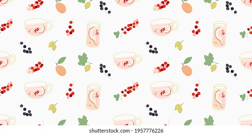 Seamless pattern with a cup and a glass  of compote, apricot, red and black  currant and gooseberry. For prints, backgrounds, wrapping paper, textile, wallpaper, etc. 