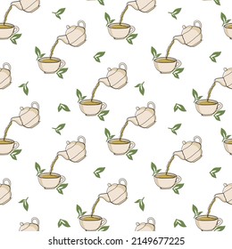 Seamless pattern with cup of green tea, tea pot and tea leaves on white background.  Continuous one line drawing design. Suitable for textile, fabric, wallpaper, wrapping. Vector illustration.