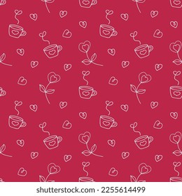 Seamless pattern with cup, heart plant and small hearts. Seamless vector pattern in doodle style. Template for fabric, textiles, wrapping paper, wallpaper and other decorations.