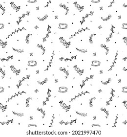 Seamless pattern with a cup and herbs. Contour vector illustration. Isolated sketch on a white background. Template, blank for textiles, fabrics, covers, wrapping paper, etc.
