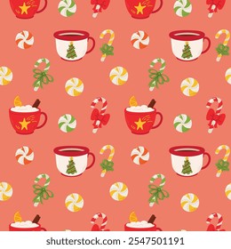 Seamless pattern with cup of hot chocolatehmallows, candy canes and christmas tree.
