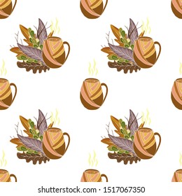 Seamless pattern with a cup of hot cocoa and autumn leaves on a white background. Vector texture. Cozy, warm, autumn textiles.