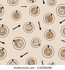 Seamless pattern of cup of hot coffee with different latte art and spoon on light brown background.