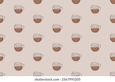 Seamless pattern with a cup of hot coffee in the fashionable color of 2025. Hot chocolate in a cup. Linear style. Vector graphics