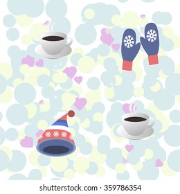 Seamless Pattern - cup of hot coffee, warm knitted cap and mittens. 
white background, multi-colored circles and hearts of the different size.